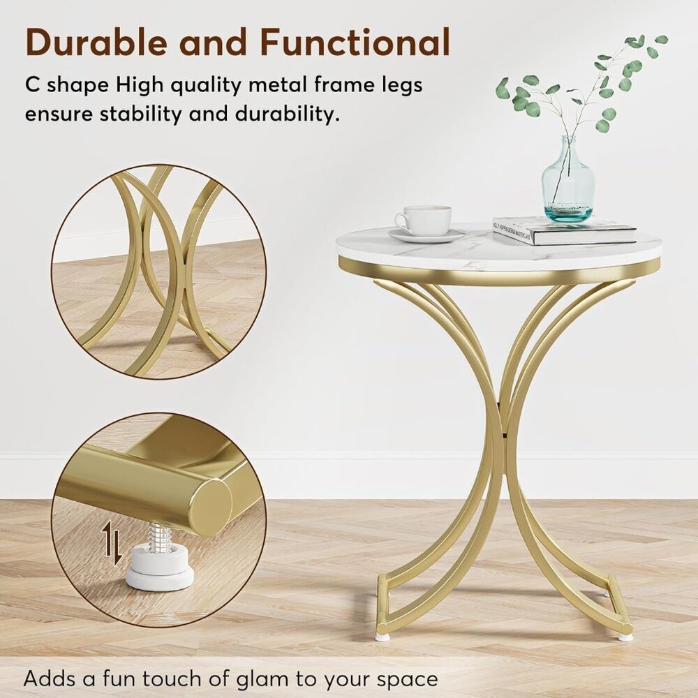 Small Round Sofa Side Table, Faux Marble White and Gold End Table, Contemporary - Picture 6 of 8